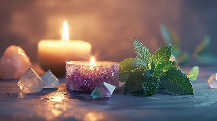 Peaceful Meditation Scene with Aromatic Candlelight and Soothing Gemstones for Relaxation : Generative AI