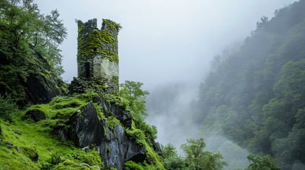Misty ancient moss-covered tower rising above serene valley landscape photography enchanted forest atmospheric view