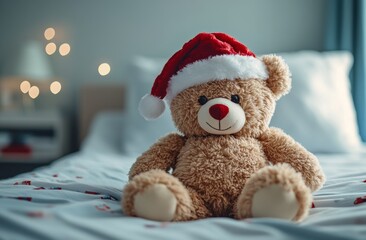 Teddy Bear with Santa Hat on Cozy Bed with Lights

