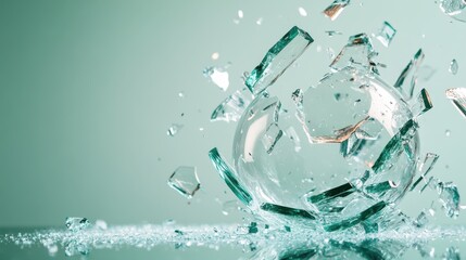A clear glass sphere shatters in mid-air against a teal backdrop, capturing a moment of dynamic energy and chaos with sharp glass fragments radiating outward.