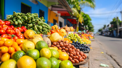 A vibrant market scene featuring an array of fresh fruits and vegetables displayed in baskets along a sunny street