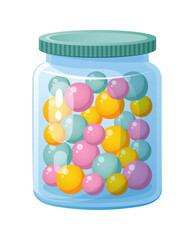 Colorful sweet candies in glass jar. Cartoon illustration. 