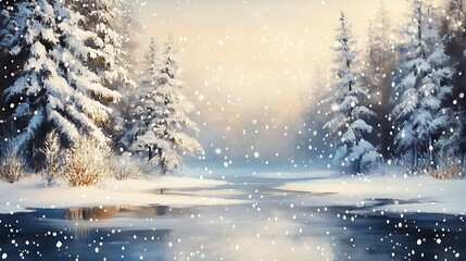 Tranquil Snowfall Over Frozen River in Winter Forest Scene Ideal for Seasonal Imagery : Generative AI
