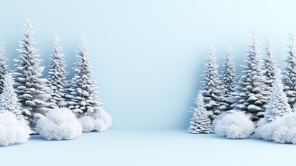 Fototapeta premium A charming winter scene showcases pale green Christmas trees dusted with snow and soft flakes against a light blue sky