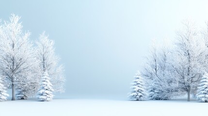 A charming winter scene showcases pale green Christmas trees dusted with snow and soft flakes against a light blue sky