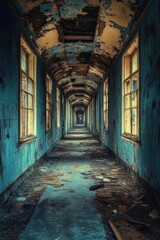 Fototapeta premium Decaying teal hallway, arched ceiling, broken windows.