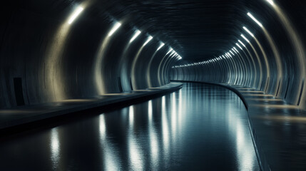 Fototapeta premium Illuminated underground tunnel with water reflecting light in an industrial setting