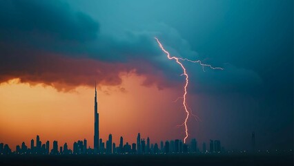Lightning Strikes Dubai Skyline: A dramatic lightning bolt streaks across the sky, illuminating the silhouette of Dubai's iconic skyline during a vibrant sunset.