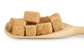 brown sugar in a wooden spoon isolated on white background