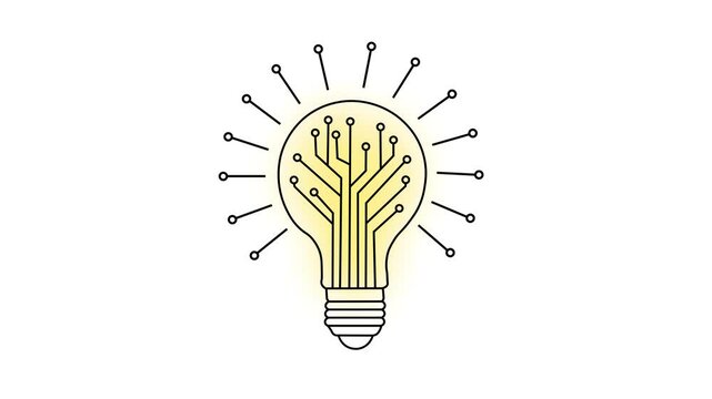Innovative AI Integration and Idea Automation concept icon animation. Glowing light bulb with virtual circuit line isolated on white background. Innovative Technology and Digital invention