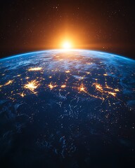 Obraz premium Earth at sunrise, with glowing urban centers and expansive natural landscapes, symbolizing a fresh start, hope, and global unity, radiant golden light, highdefinition clarity