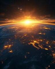 Fototapeta premium Earth at sunrise, with glowing urban centers and expansive natural landscapes, symbolizing a fresh start, hope, and global unity, radiant golden light, highdefinition clarity