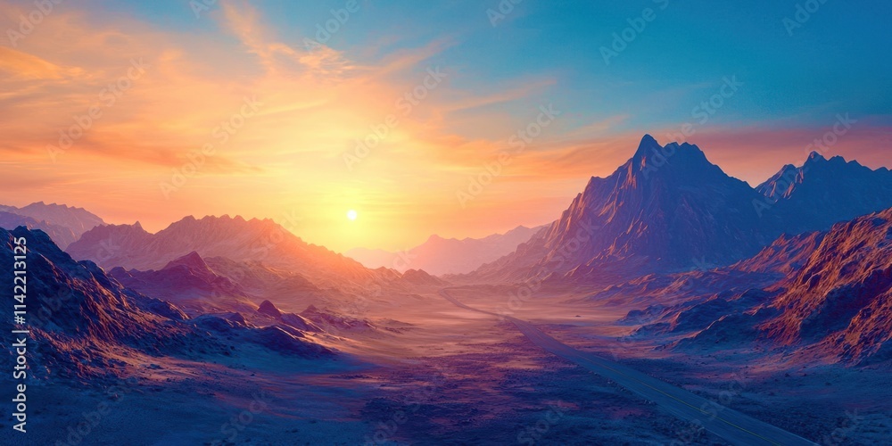 Poster mountain range with a sun setting in the background