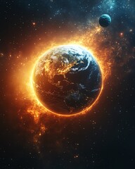 Obraz premium Earth bathed in radiant sunlight, with cosmic elements like asteroids and stars, representing the awe and beauty of our planet, surreal cosmic setting