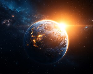 Obraz premium Earth glowing under a radiant sun, with cosmic elements and distant galaxies, showcasing the natural wonder and majesty of our planet, vibrant space setting