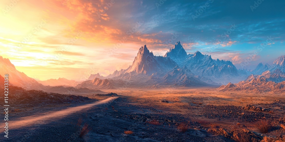 Poster Mountain range is in the background with a road in the foreground
