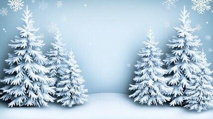 Obraz premium A charming winter scene showcases pale green Christmas trees dusted with snow and soft flakes against a light blue sky