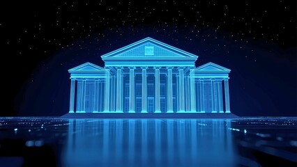 Digital Bank at Night: Futuristic glowing blue neoclassical building reflecting in water at night.  Concept of digital finance, future of banking, or innovative technology. 