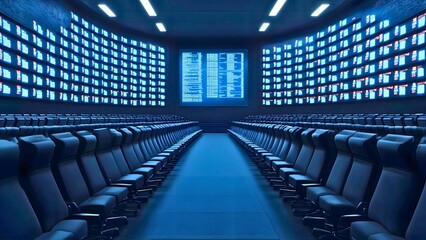 Obraz premium Trading Room Intensity: Rows of sleek, black chairs face a wall of vibrant blue screens displaying dynamic financial data in a modern, high-tech trading floor.