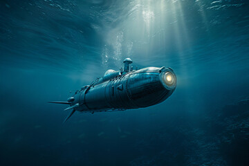 Fototapeta premium Beautiful large bathyscaphe floating in middle of ocean during exploration