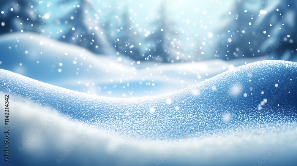 Poster magical winter forest view with falling snowflakes and soft blue-tinted light : generative ai