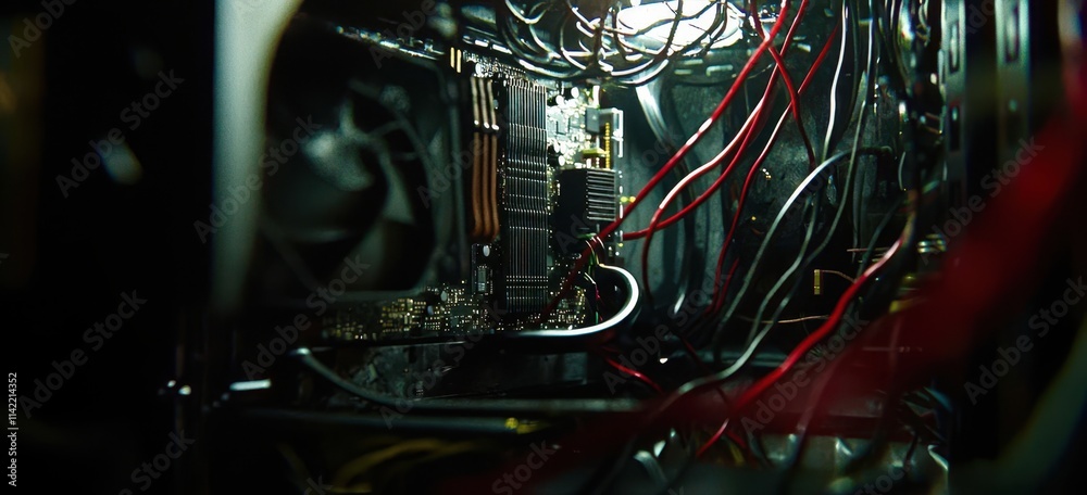 Poster Computer case with wires and a fan inside