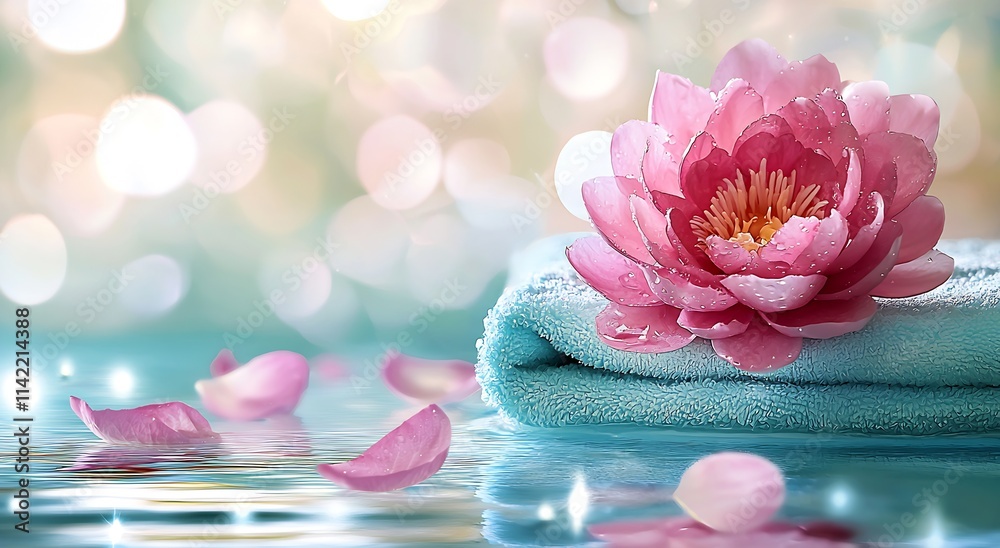 Poster elegant pink flower on soft blue towel with gentle water ripples and bokeh : generative ai