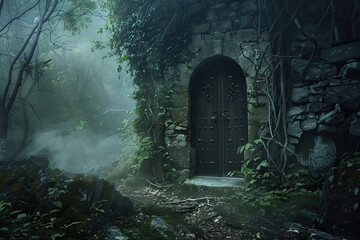 Fantastically door in wild forest leading to deep unknown