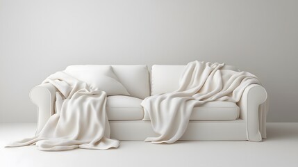 A pure white modern sofa with a soft throw blanket exemplifies minimalist living room design, its gentle fabric folds and natural lighting creating a cozy, monochromatic home interior.