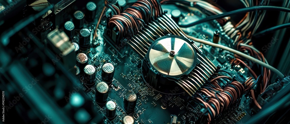Poster Computer board with wires and a silver button