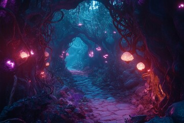 Enchanted forest path, glowing fungi, stone walkway.