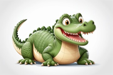 Obraz premium Cheerful cartoon alligator with green scales and big smile on white background.