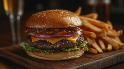 Juicy Cheeseburger with Bacon and Crispy Fries