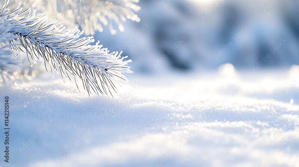 Aufkleber serene snowy landscape with frosted pine branch at golden hour : generative ai