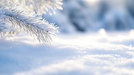 Serene Snowy Landscape with Frosted Pine Branch at Golden Hour : Generative AI