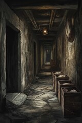 Dark, damp corridor; old crates, dim lighting.