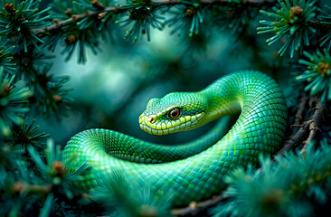 Fototapeta premium Bright green snake resting among evergreen branches during winter season