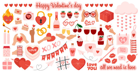 Naklejka premium Love elements set. Valentine's day stickers and greeting cards. Hearts, gifts, sweets, cake, envelopes and other romantic symbols. Flat Vector illustration isolated on white background 