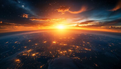 Fototapeta premium Sunrise over the planet Earth, glowing cities and breathtaking nature, symbolizing global hope and renewal, vibrant hues, photorealistic texture and lighting