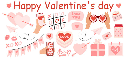 Love elements set. Valentine's day stickers and greeting cards. Hearts, gifts, sweets, cake, envelopes and other romantic symbols. Flat Vector illustration isolated on white background 