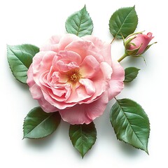 A pink rose with green leaves on a white background