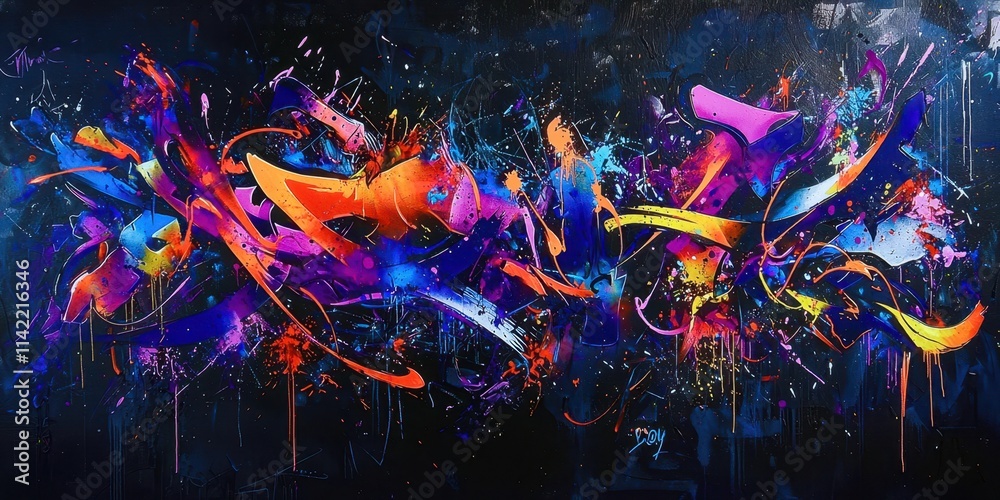Poster painting of a colorful line with a black background