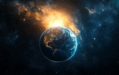 A glowing Earth bathed in radiant sunlight, with cosmic elements like stars and nebulae, representing the aweinspiring beauty of our planet, surreal atmosphere