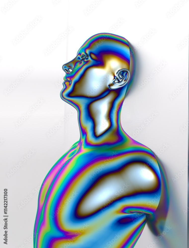 Poster 3d illustration of a figure of a bald man emerging from a wall.