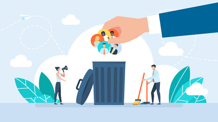 Virtual friends in the trash can. Social Media, Teamwork concept. Digital lifestyle, Loneliness, Internet solitude concepts. Digital detox concept. Refuse gadgets. Flat design illustration