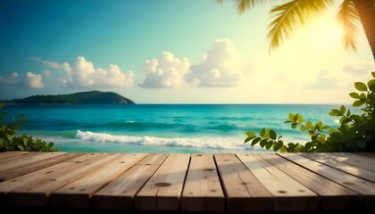 Fototapeta premium A wooden dock or pier overlooking a calm, turquoise ocean with a clear blue sky in the background