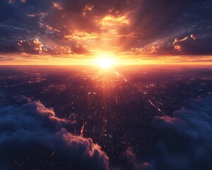 Fototapeta premium A powerful sunrise over Earth, with cities glowing and vast natural beauty beneath, representing hope and the promise of renewal, soft warm tones, ultrarealistic detail