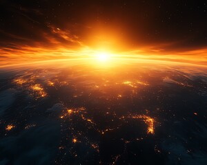A powerful sunrise over Earth, with cities glowing and vast natural beauty beneath, representing hope and the promise of renewal, soft warm tones, ultrarealistic detail