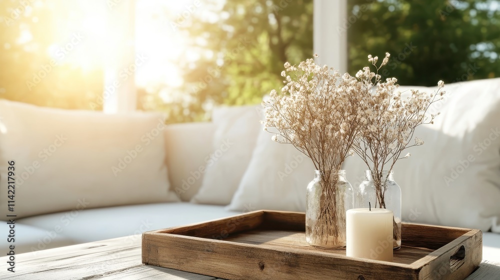 Wall mural The peaceful arrangement of a wooden tray with candles and dried flowers in a sunlit room creates a relaxing, cozy atmosphere, perfect for calm and relaxation.