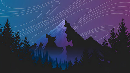 An abstract illustration of a mountain and night sky with swirling blue and purple patterns.